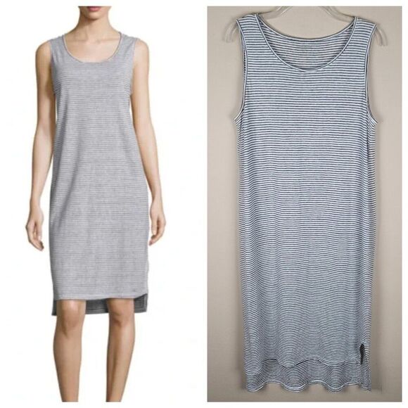 Eileen Fisher Sleeveless Linen Tank Dress Knee Lenght Striped White Black Size L - Picture 1 of 13